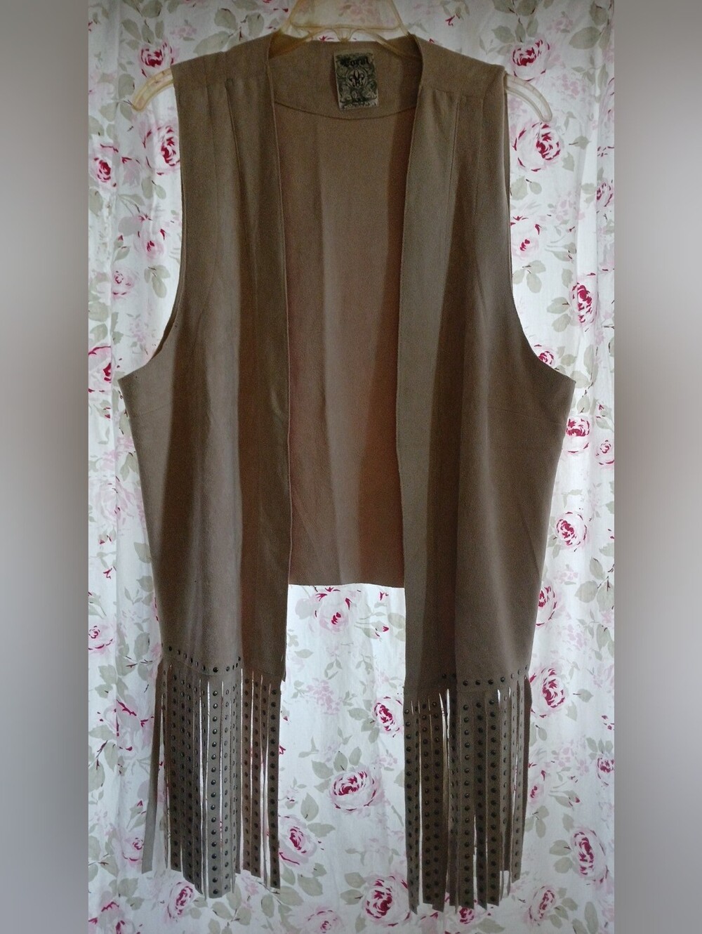 Brown Fringe Trim Open-Front Vest Size Xl